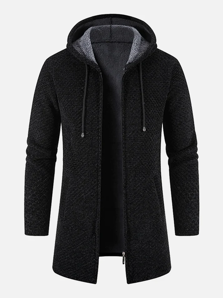 cardigan-heren-lange-pasvorm-verstelbare-capuchon-fleece-zwart-1