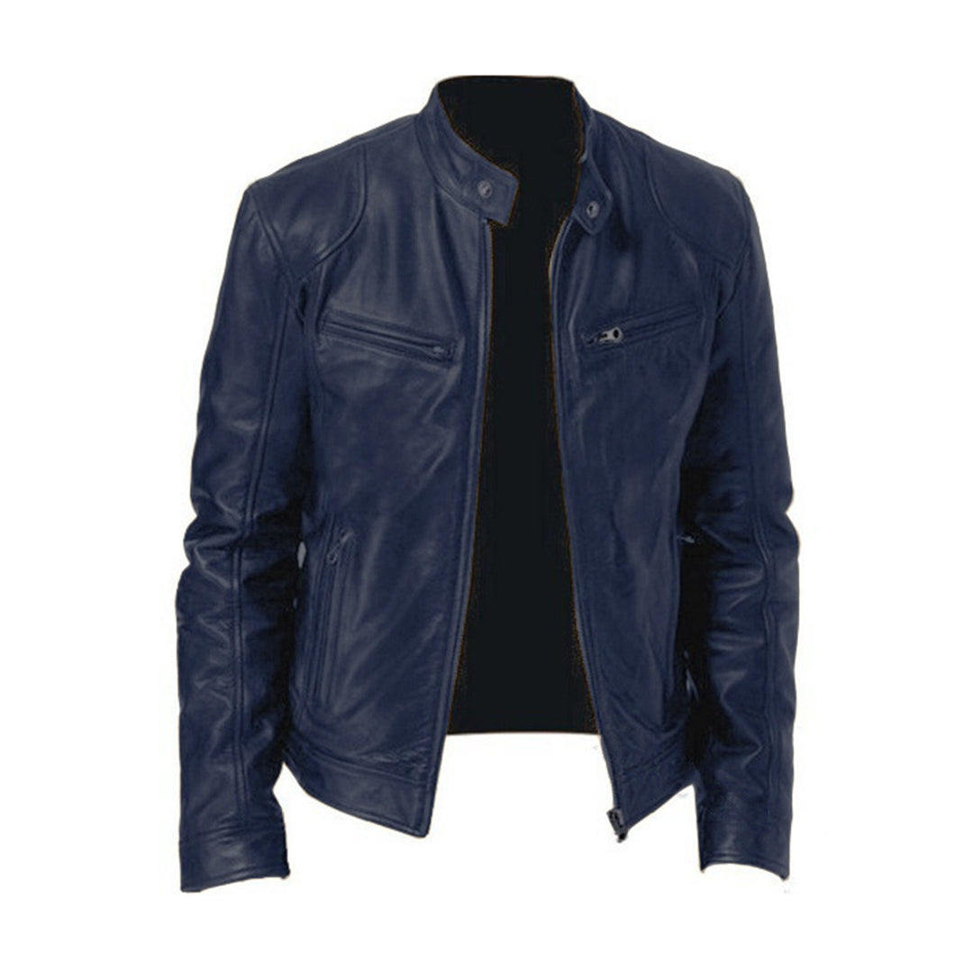 leren-jas-heren-opstaande-kraag-ademend-gestroomlijnd-marine-blauw
