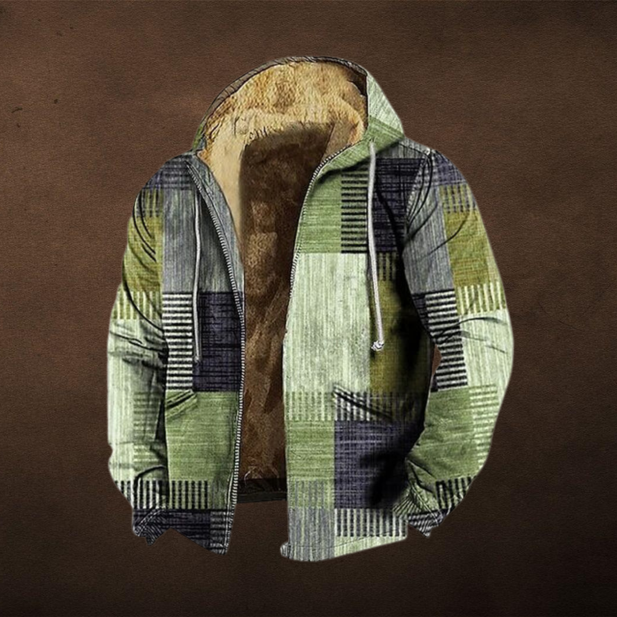 tussenjas-heren-patchwork-verstelbare-capuchon-stofmixen-groen