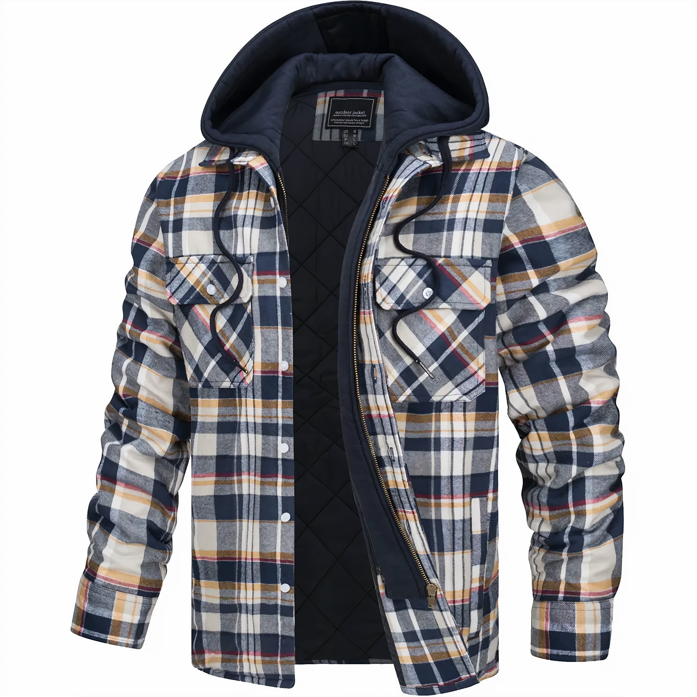 winterjas-heren-geruit-capuchon-robuuste-rits-zakken-geel-blauw